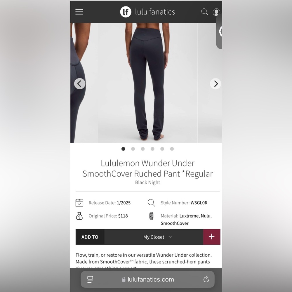 NWT Lululemon Wunder Under SmoothCover Ruched Pant *Regular
Black Night